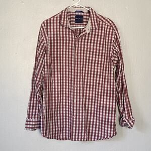 Tommy Bahama Shirt Mens Size XL Blue Burgandy Checked Button Down Cotton Silk